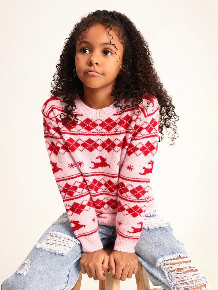 Fairisle Knit Sweater With Reindeer Print