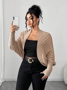 Elenzga Elegante cardigan a mantella di moda con motivo a rombi, taglie comode - Cachi - Visualizzare 5