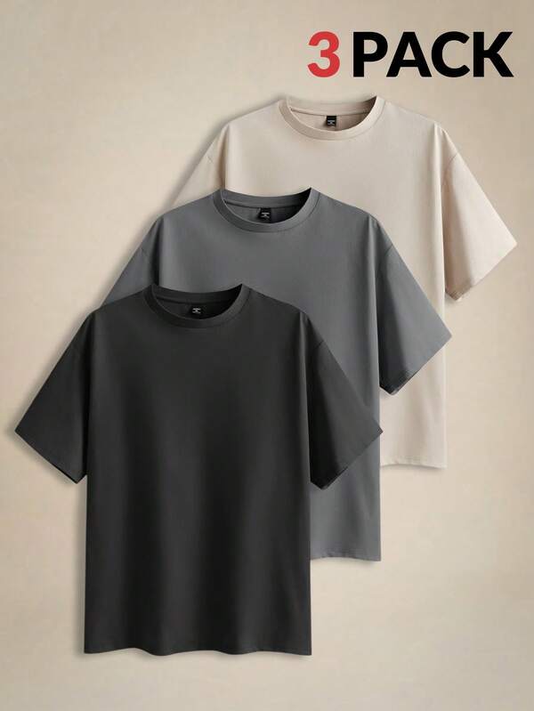 EASEVO 3pcs Pack Plus Size Men's Solid Color Fitted Crew Neck Short Sleeve T-Shirts Tees, Suitable For Summer Daily Wear