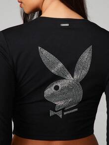 Missguided x Playboy 长袖水钻烫钻V领T恤，饰有兔子图案，适合休闲冬季穿着 - 黑色 - 查看 4