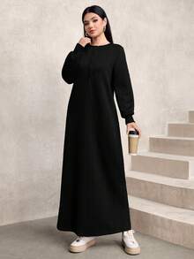 Graceveil 女士休闲纹理面料圆领宽松长款卫衣，绿色，秋冬 - 黑色 - 查看 8