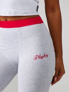 Missguided x Playboy 高腰七分紧身裤，饰有字母图案和撞色拼接细节 - 淺灰色 - 查看 4
