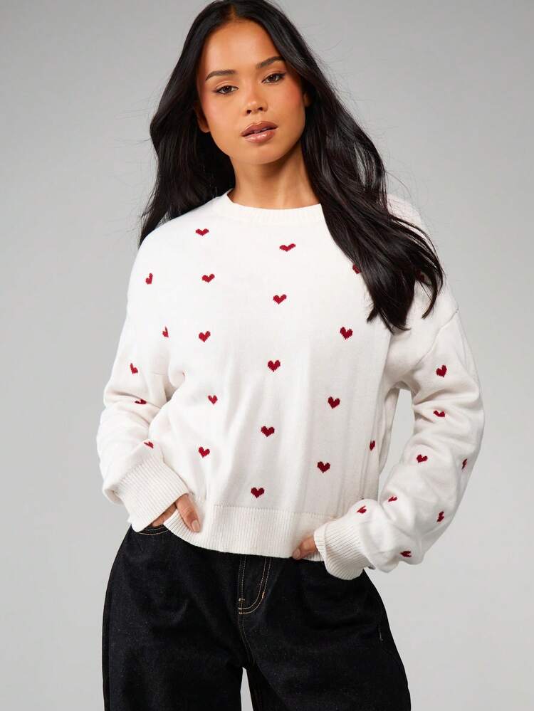 MISSGUIDED Heart Pattern Knit Pullover Sweater Long Sleeve Casual Holiday Christmas Jumper