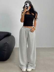 SHEIN 青少年女孩休闲宽松低腰松紧腰带阔腿运动裤，适合春夏秋冬 - 灰色 - 查看 8