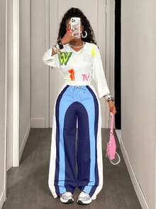 BamGleam 休闲宽松拼色拼接阔腿裤 - 彩色 - 查看 3