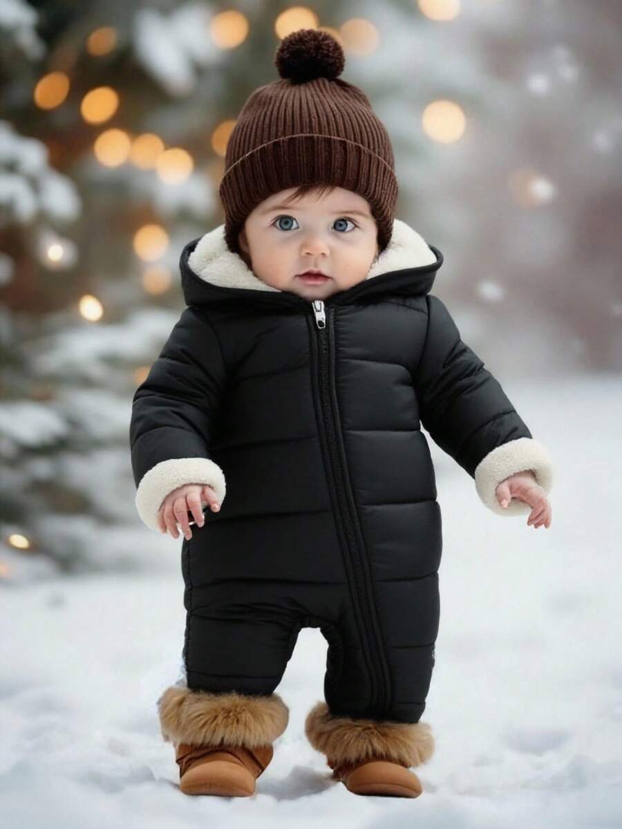 SHEIN 新生儿男女款羊毛连帽连体衣，黑色，秋冬 - 彩色 - 查看 1