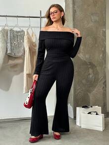 SHEIN EZwear 两件套加大码罗纹保暖柔软休闲/约会套装，黑色，秋冬季 - 黑色 - 查看 3