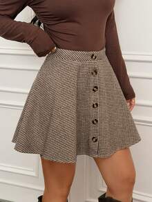 SHEIN PETITE A-Line Mini Skirt For Women, New Vintage Checkered Pattern, Classic Color Scheme,Autumn/Winter
