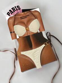 Swim Mod Springbreak Women Summer Fashion Backless Starfish Print Halter Top And Side Tie Bikini Bottom 2 Piece Swimsuit Set - Apricot - View 4