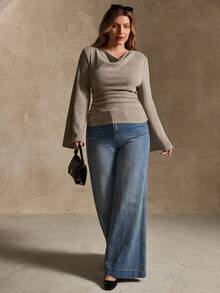 Elegantrix 大码女式宽松领喇叭袖收腰褶皱雪纺针织休闲上衣，秋冬款 - 杏色 - 查看 7