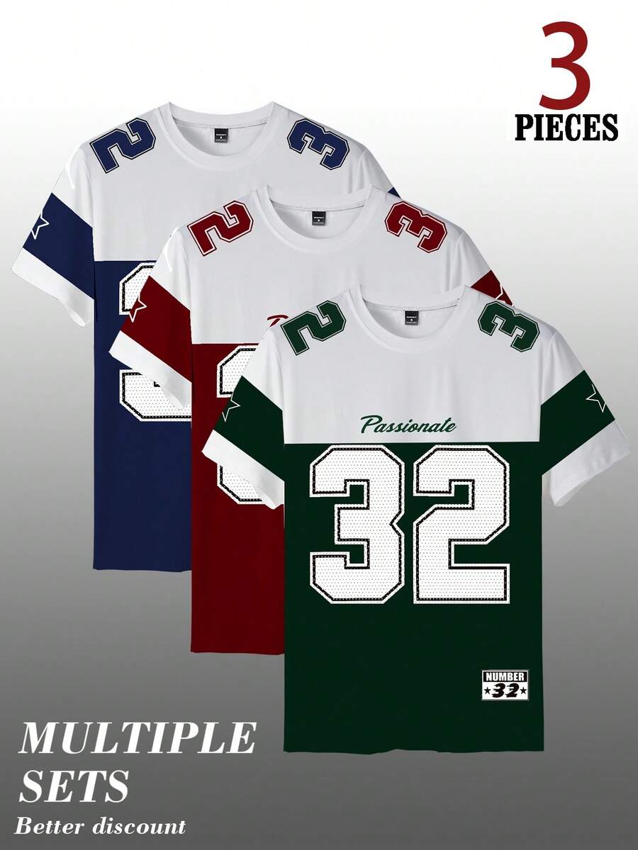 Manfinity Homme 3件套男士撞色数字印花圆领T恤 - 彩色 - 查看 1