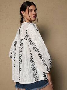 Freevana Plus Size Boho Floral Embroidery White Top Vintage Country - White - View 7