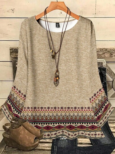 EMERY ROSE Women's Round Neck Geometric Patterned 3/4 Sleeve Shirt, Suitable For Autumn/Winter