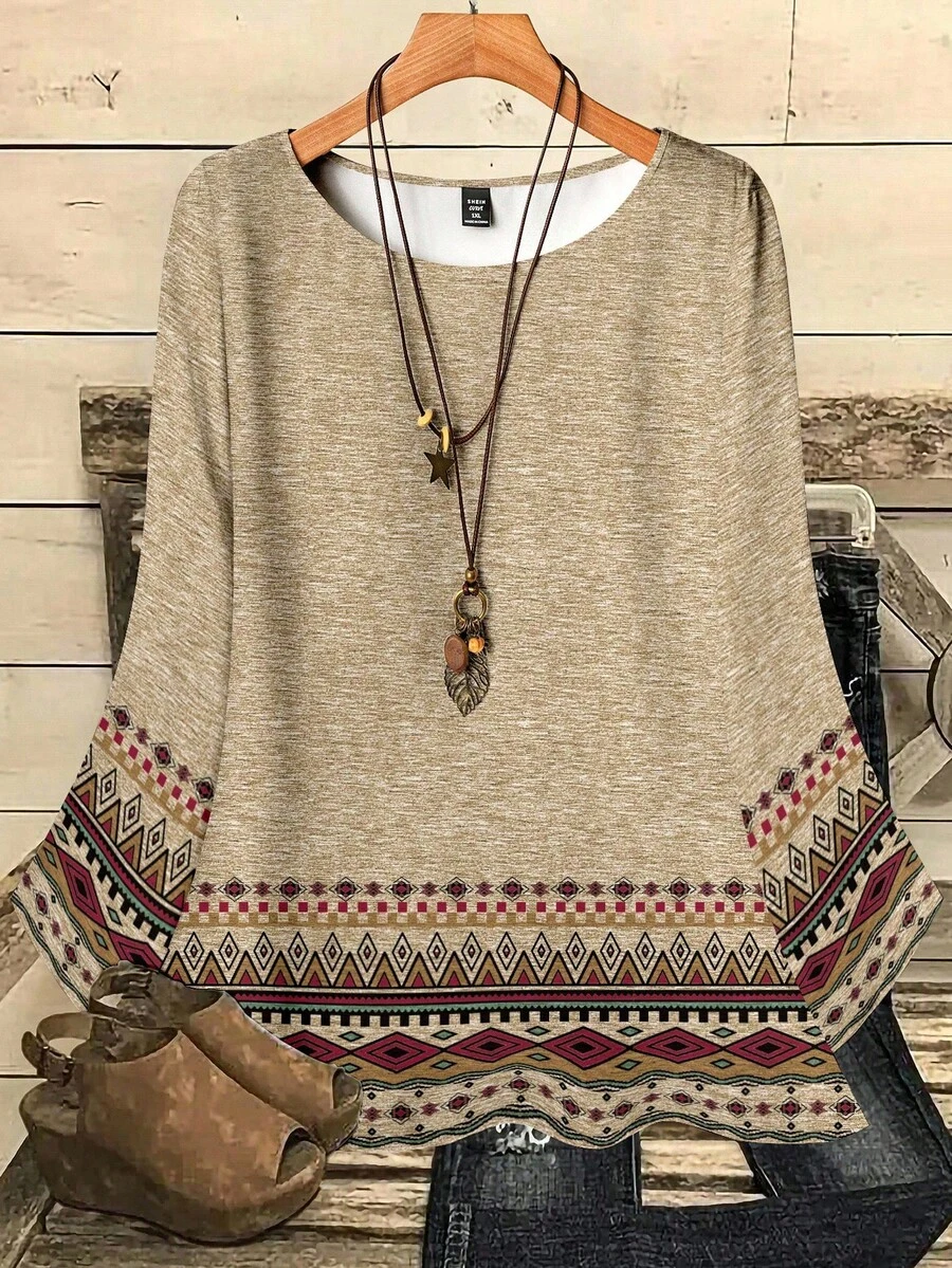 EMERY ROSE 女式圆领几何图案七分袖衬衫，适合秋冬季