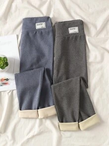 SHEIN Dwuczęściowe, dopasowane, termiczne legginsy polarowe dla nastolatek z naszywką w talii - Brudny niebieski - Zobacz 5