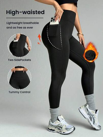 Dewbera 1pc Women's Black Thermal Lined Pocket Leggings, Comfortable For Yoga, Jogging, Sports High Waist Leggings