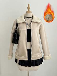 Elamini 仿绒面革绒领拉链口袋落肩长袖宽松外套，时尚街头风复古优雅高端简约设计，适合休闲、外出、约会、秋冬季穿着。 - 杏色 - 查看 1