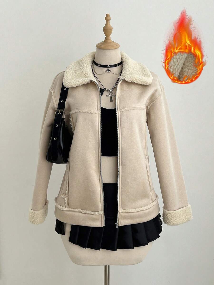 Elamini 仿绒面革绒领拉链口袋落肩长袖宽松外套，时尚街头风复古优雅高端简约设计，适合休闲、外出、约会、秋冬季穿着。 - 杏色 - 查看 1