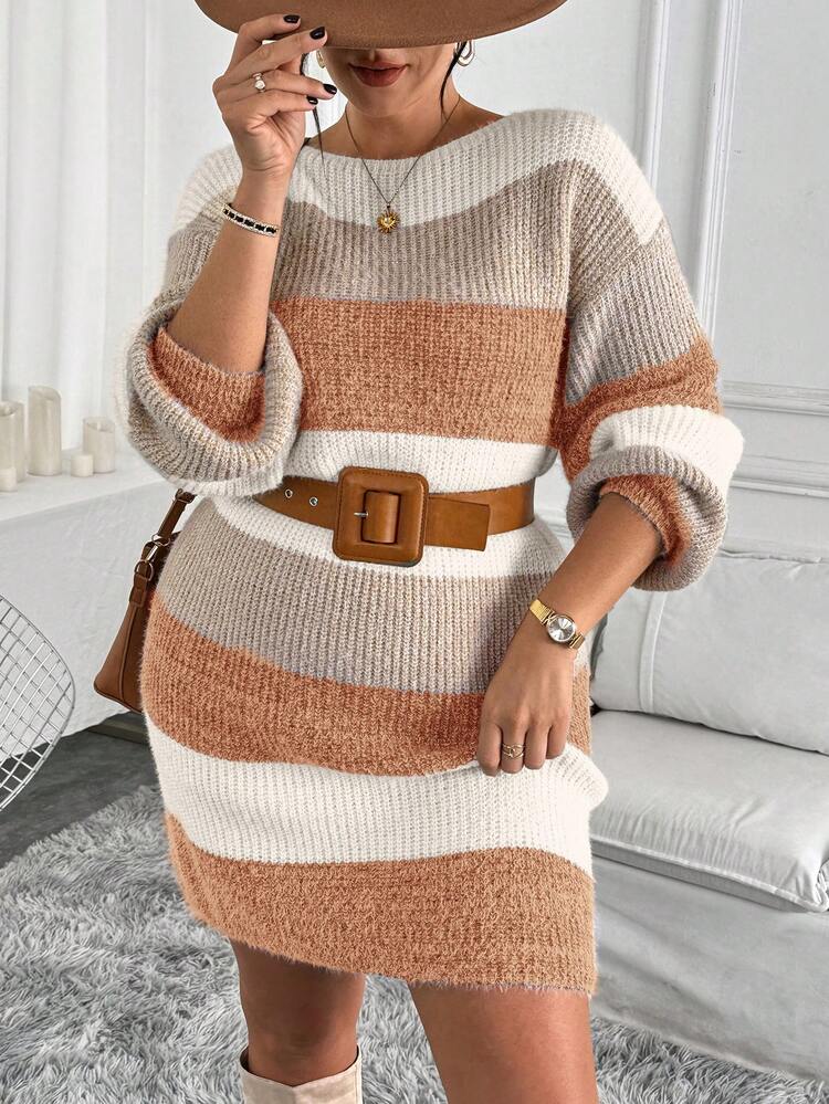 Plus Size Women Multicolor Boat Neck Lantern Sleeve Knit Warm Casual Loose Pullover Sweater Dress, Versatile For Daily Wear, Thanksgiving/Winter