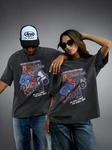 Transformers X SHEIN 男士休闲字母与机器人图案圆领短袖 T 恤，夏季 - 黑色 - 查看 3