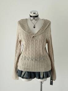 大码休闲纯色镂空针织毛衣 - 杏色 - 查看 5