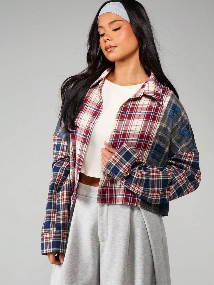 MISSGUIDED Oversized Plaid Button Down Shirt Long Sleeve Multicolor Tartan Blouse Fall Winter Casual Collared Top