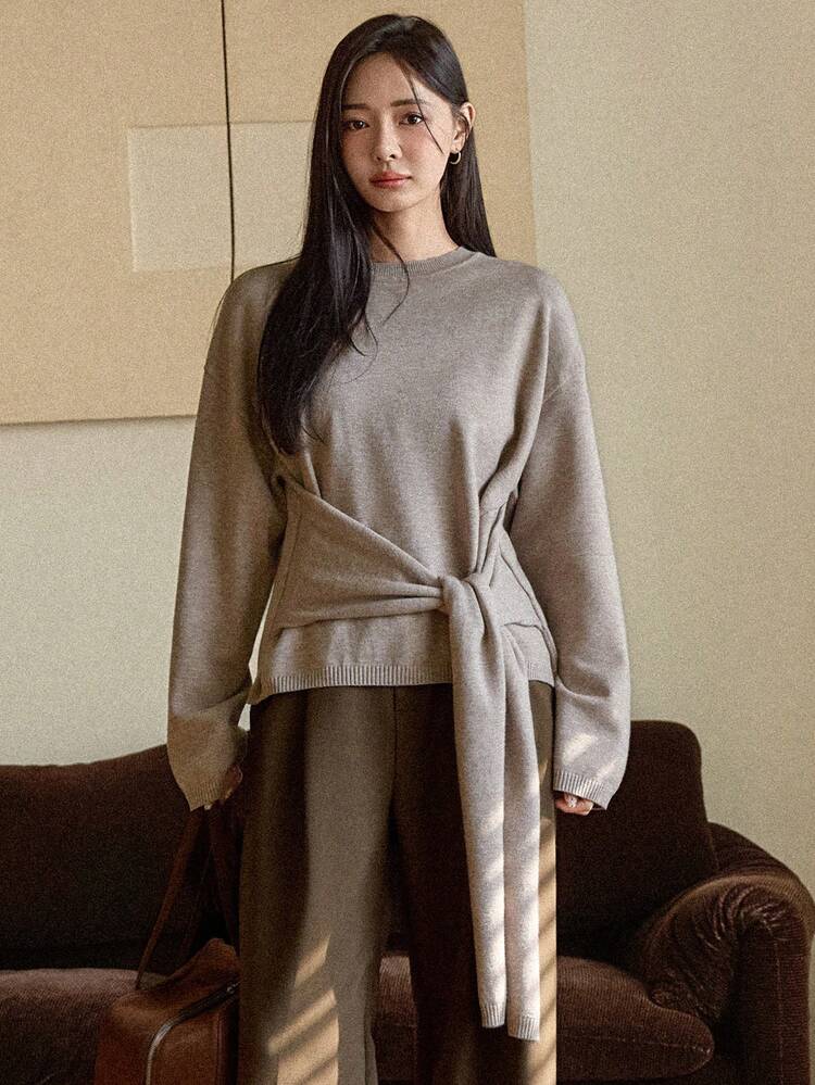 Autumn/Winter Loose Business Casual Elegant Brown Design Crew Neck Waist Tie Knit Sweater For Women