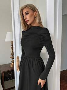 Elenzga Đầm suông trễ vai cổ cao tay dài dáng chữ A thanh lịch, lãng mạn, ôm sát eo dành cho nữ - màu đen - Xem 3