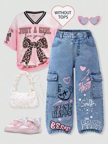 Sparklyn 1件少女牛仔工装裤，时尚街头风休闲学院风度假推荐，黑色+粉色爱心+英文印花，可爱甜美 - 淺色水洗藍 - 查看 1