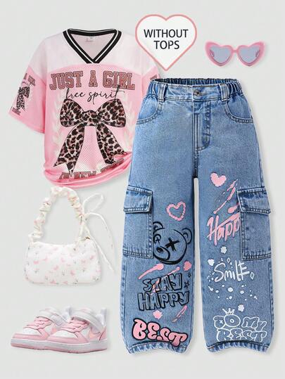 Sparklyn 1 pieza Jeans de carga de mezclilla para niña, recomendación de estilo casual académico de moda urbana elegante para vacaciones, negro + corazón rosa + estampado en inglés lindo y dulce