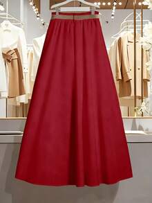 Franclia Christmas Plus Size Women's French Button Decor Solid Color Pleated A-Line Skirt - Red - View 2