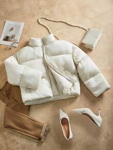 Anewsta 厚实H型中长款仿毛领宽松女式夹克，带侧袋 - 米色 - 查看 5