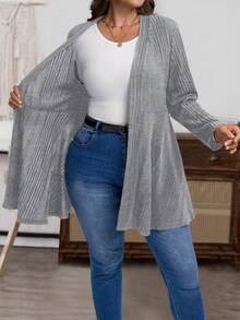 SHEIN CURVE+ 大码女式常规款外套，罗纹绒面针织弹力开衫，黑色，适合秋冬季穿着。 - 灰色 - 查看 8