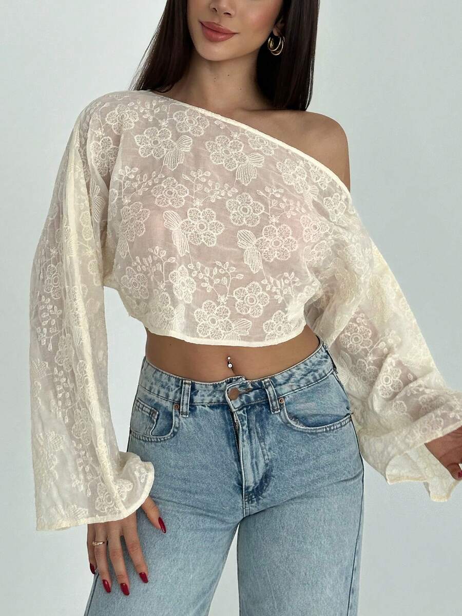 Aloruh Women's Vintage Sexy Embroidered Floral Batwing Sleeve Shawl Collar Cover Up Golf White Autumn - Apricot - View 1