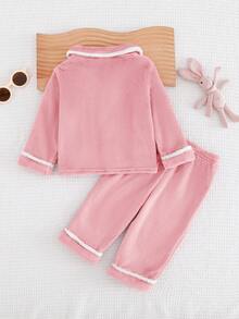 Cozy Pixies Conjunto de ropa casual para el hogar de 2 piezas para niña bebé, con cardigan de manga larga con cuello de solapa y ribete de contraste, y pantalones rectos de cintura elástica para otoño/invierno - Rosa Pálido - Ver 2