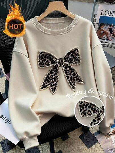 Resyla Women's Winter American Style Autumn/Winter Printed Rhinestone Crew Neck Sweatshirt With Butterfly Design, Versatile Loose Fit, Leopard Print Top.