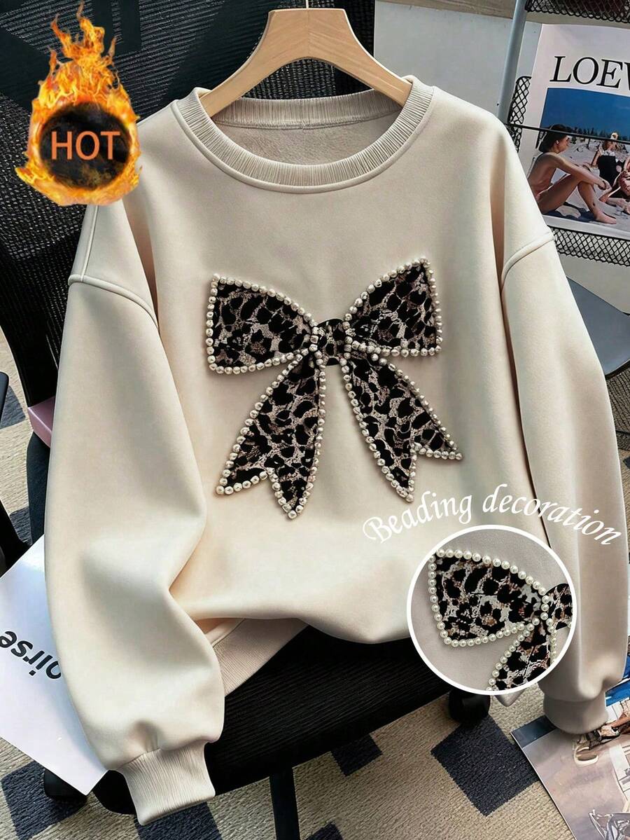 Resyla Women's Winter American Style Autumn/Winter Printed Rhinestone Crew Neck Sweatshirt With Butterfly Design, Versatile Loose Fit, Leopard Print Top.