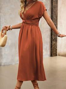 Roveilla Plus Size Women's Casual Shirred Solid Color Cross Waist-Tied Mid-Length Dress With Rolled Sleeve, For Commute And Vacation, Spring/Summer