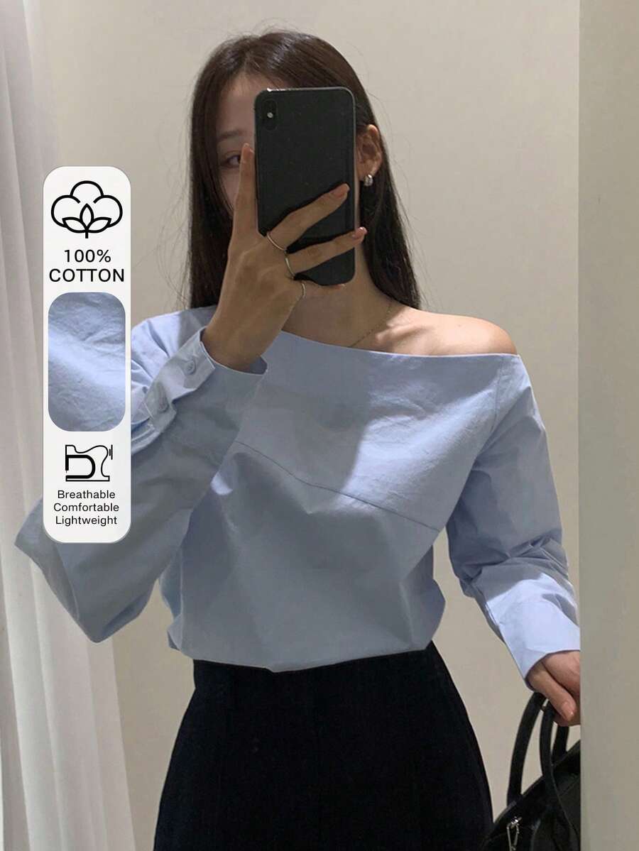 DAZY 女士纯色不对称肩长袖套头衫，浅蓝色，春夏秋季 - 淺藍色 - 查看 1