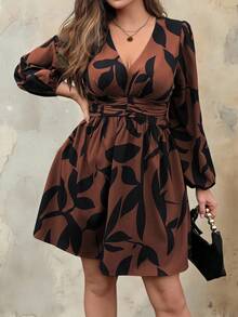 Roveilla Plus Size Women Long Sleeve Floral Print Ruched Waist Casual Vacation Commute Short Dress, Spring & Autumn Fall Cloth For Women - Rust Brown - View 1