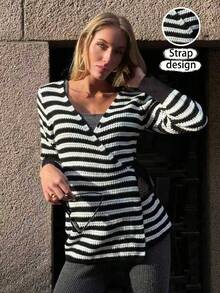 SHEIN PariChic Cardigan Rajut Lengan Panjang Leher V Motif Blok Warna untuk Wanita, Musim Gugur/Dingin - Hitam - View 1