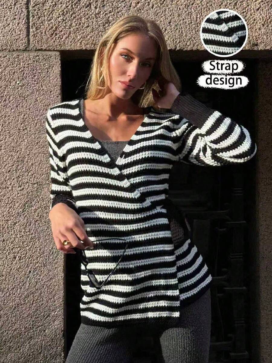 SHEIN PariChic Cardigan Rajut Lengan Panjang Leher V Motif Blok Warna untuk Wanita, Musim Gugur/Dingin - Hitam - View 1