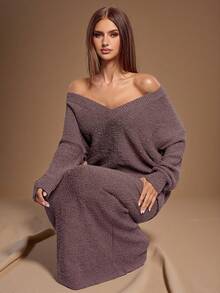 SHEIN BAE Women's Regular V-Neck Long Sleeve Sweater And Knitted Fish Tail Skirt Casual Suit, Autumn,Winter,Winter Clothes ,Winter Clothes For Women,Fall Clothes For Women ,Halloween,Christmas , New Year ,Thanksgiving, Party ,