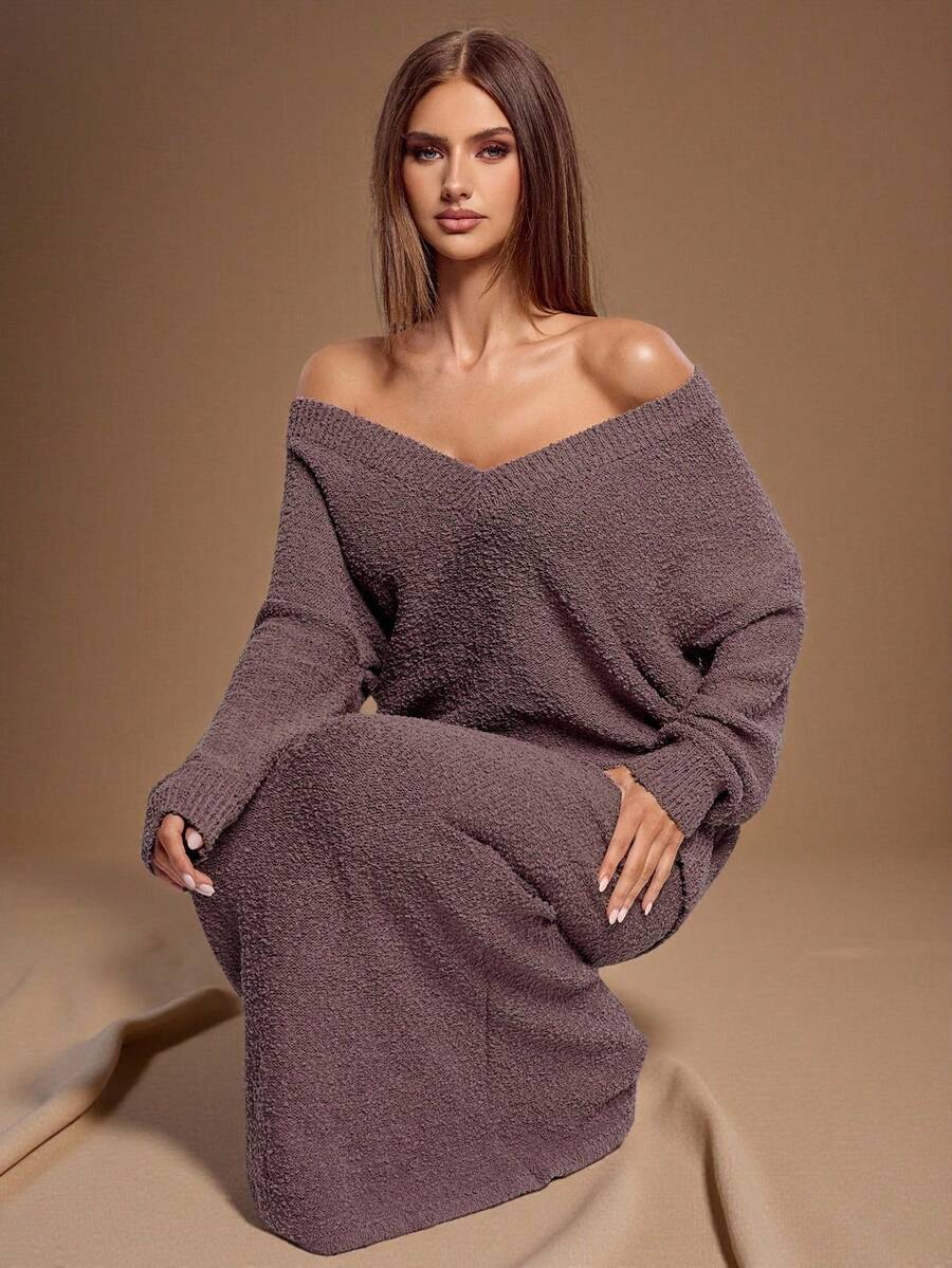 SHEIN BAE Women's Regular V-Neck Long Sleeve Sweater And Knitted Fish Tail Skirt Casual Suit, Autumn,Winter,Winter Clothes ,Winter Clothes For Women,Fall Clothes For Women ,Halloween,Christmas , New Year ,Thanksgiving, Party ,