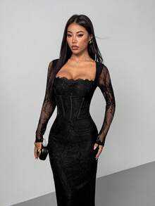 SHEIN PETITE 女士新款性感S型蕾丝长袖束身美人鱼连衣裙，适合派对、约会、晚宴等场合，黑色连衣裙，优雅高贵，秋季女装 - 黑色 - 查看 1