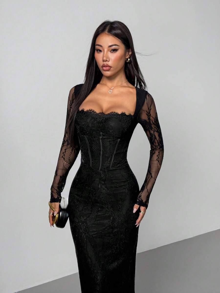 SHEIN PETITE 女士新款性感S型蕾丝长袖束身美人鱼连衣裙，适合派对、约会、晚宴等场合，黑色连衣裙，优雅高贵，秋季女装 - 黑色 - 查看 1