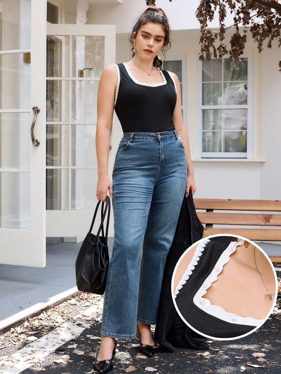 SHEIN Frenchy Plus Size Women Contrast Color Strap Camisole, Casual Fashion Black Camisole - Black and White - View 1