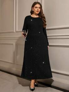 EMERY ROSE 女式加大码长袖条纹长款连衣裙，带口袋 - 黑色 - 查看 1