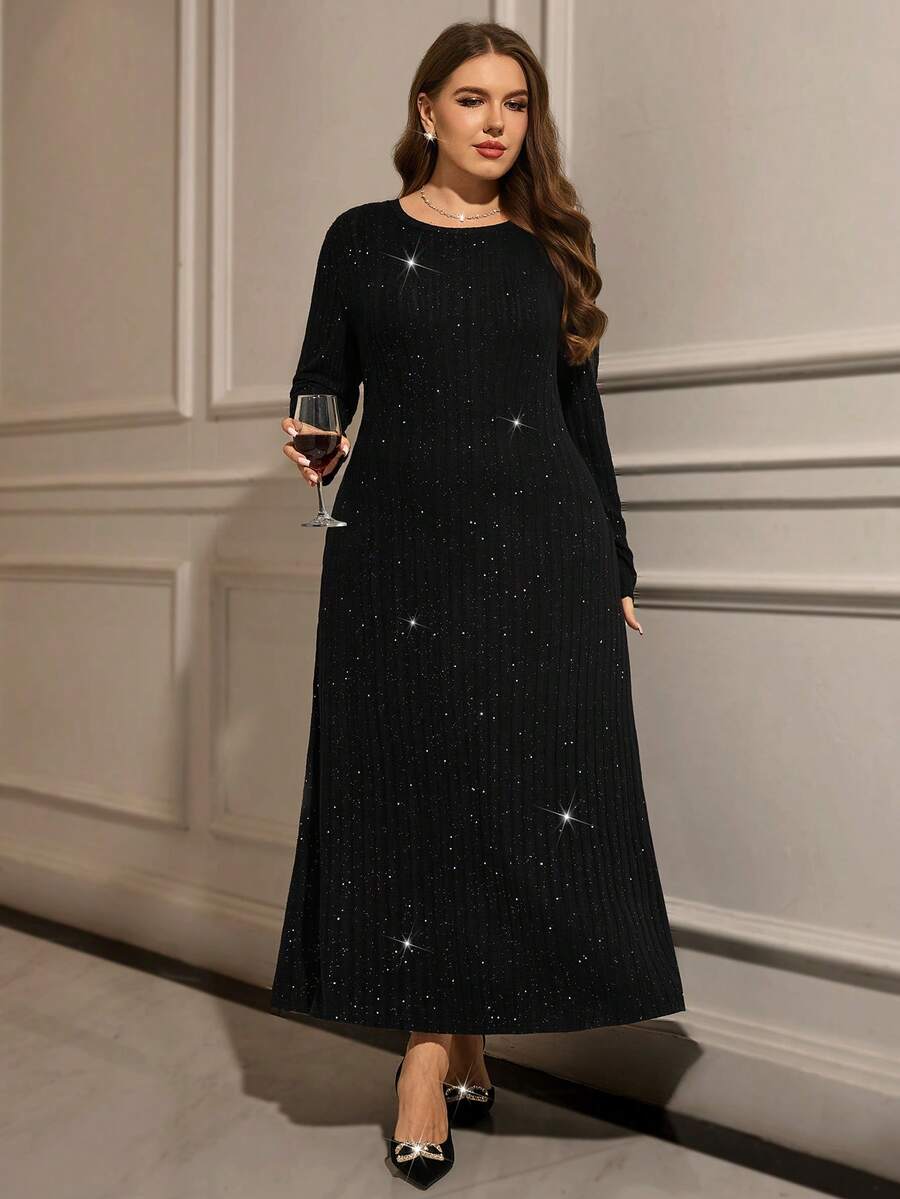 EMERY ROSE 女式加大码长袖条纹长款连衣裙，带口袋 - 黑色 - 查看 1