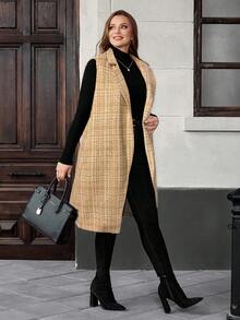 EMERY ROSE Plus Size Women's Autumn/Winter Pocket Plaid Lapel NeckLong Vest Jacket - Khaki - View 5